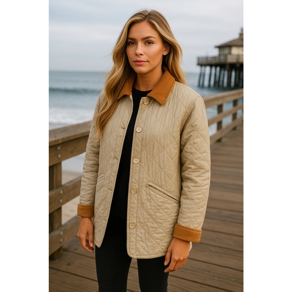 Bogari Silk Camel Quilted Jacket L Corduroy Collar Quiet Luxury Equestrian VTG